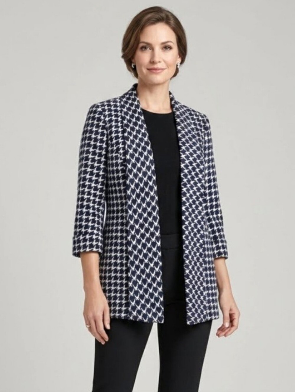 Ann Klein Black & White Houndstooth Plaid Open Front  Jacket Size Small